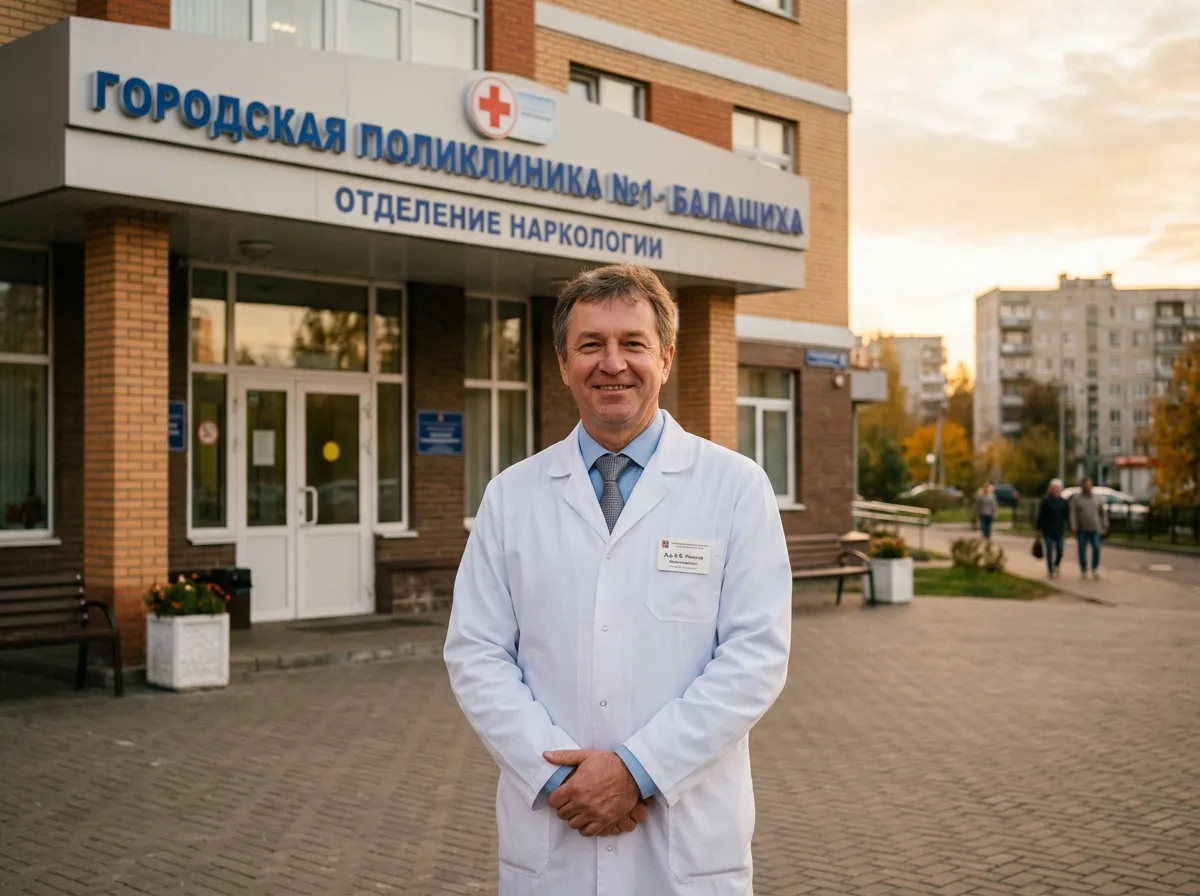 Профессиональный врач-нарколог в белом халате на фоне медицинского кабинета клиники в Балашихе, уверенный и доброжелательный, тёплое освещение